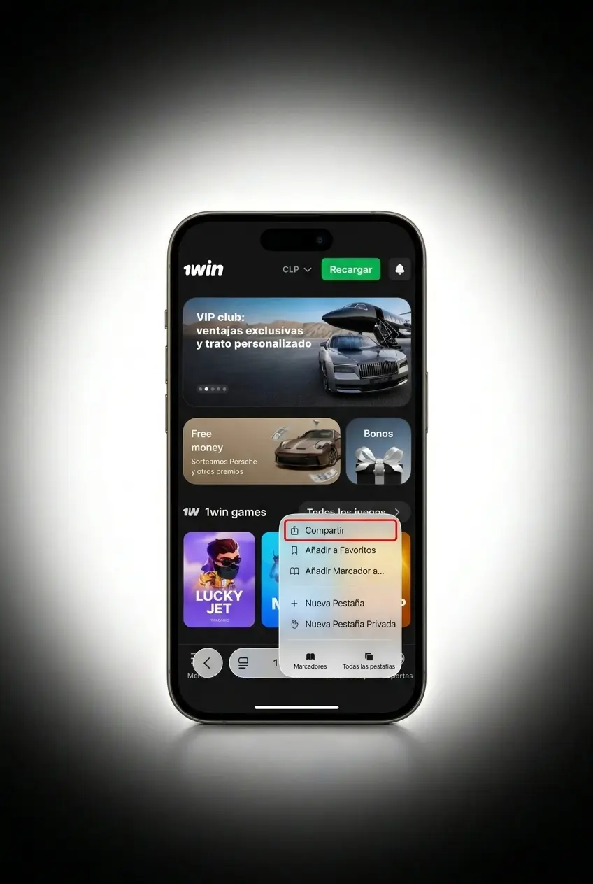 Pasos para instalar app 1win en iOS iPhone iPad y jugar Mines desde pantalla de inicio Safari