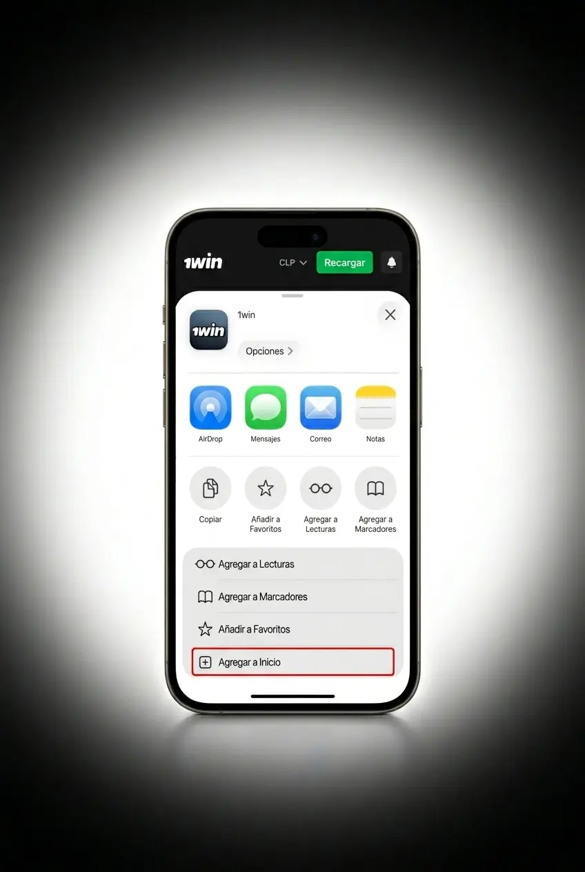 Instalación de la app 1win en iOS desde Safari para jugar Mines en iPhone o iPad